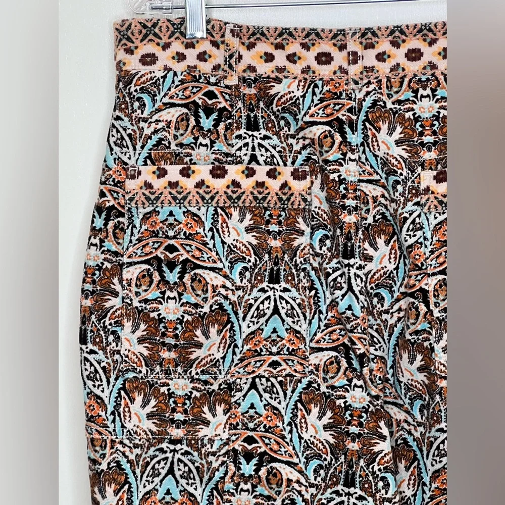 Anthropologie Corduroy Barrel Leg Pants, Blue & Brown Motif, Women’s 14